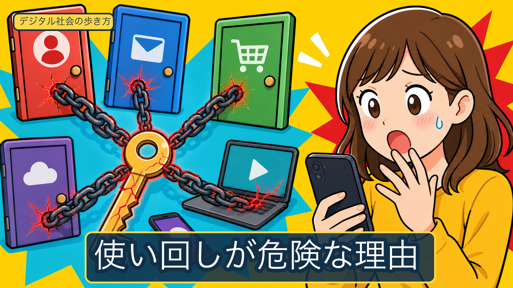 パスワードの使い回しが危険な理由を示すイラスト